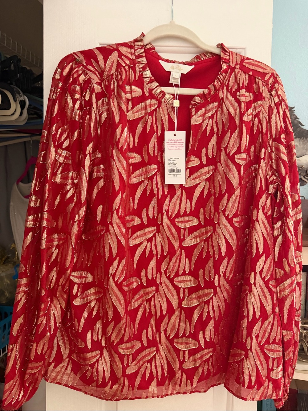 Lilly Pulitzer Gianna Red Metallic Leaf-Print Long Sleeve Blouse